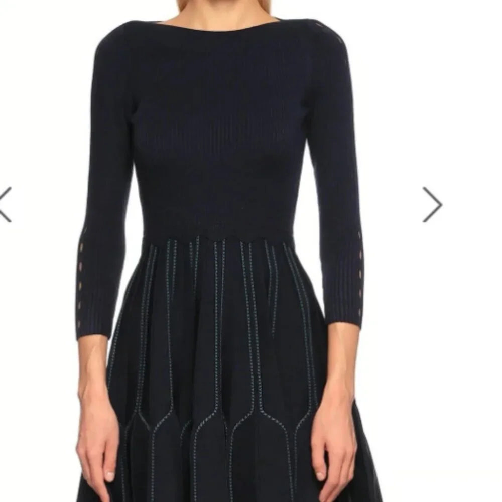 Sandro Paris Ribbed Knit Pleated Fit&Flare Pointell Dress Boatneck size 38 - Picture 2 of 10